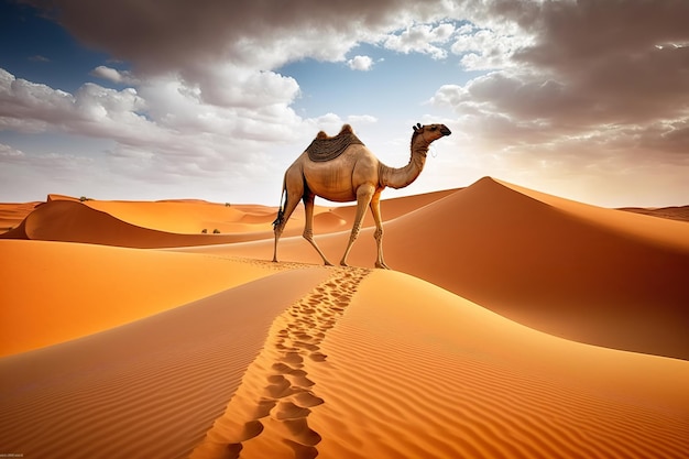 A camel walks through the desert with a sunset in the background