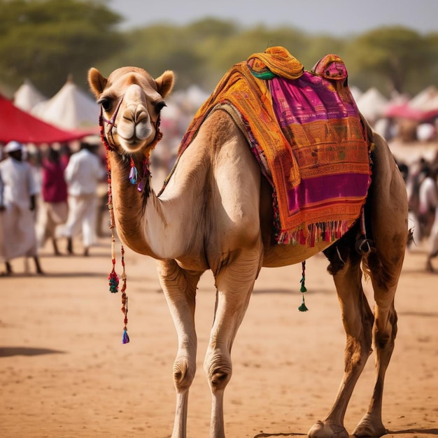 A camel wearing a bright and colorful blanket on its back standing in the desert