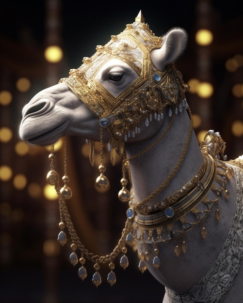 a camel wearing a golden jewelry digital art