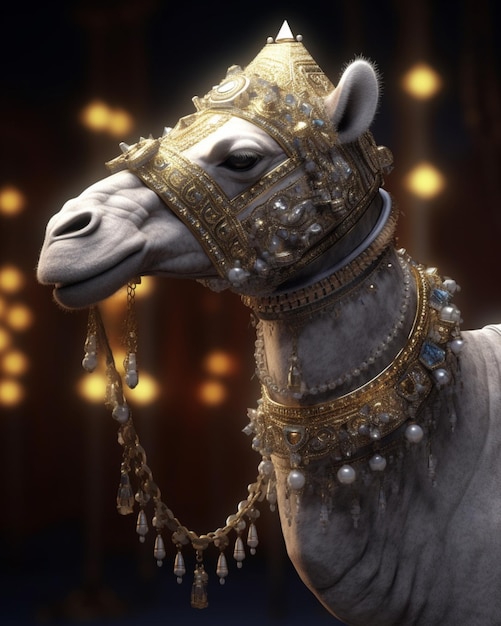 a camel wearing golden jewelry digital art