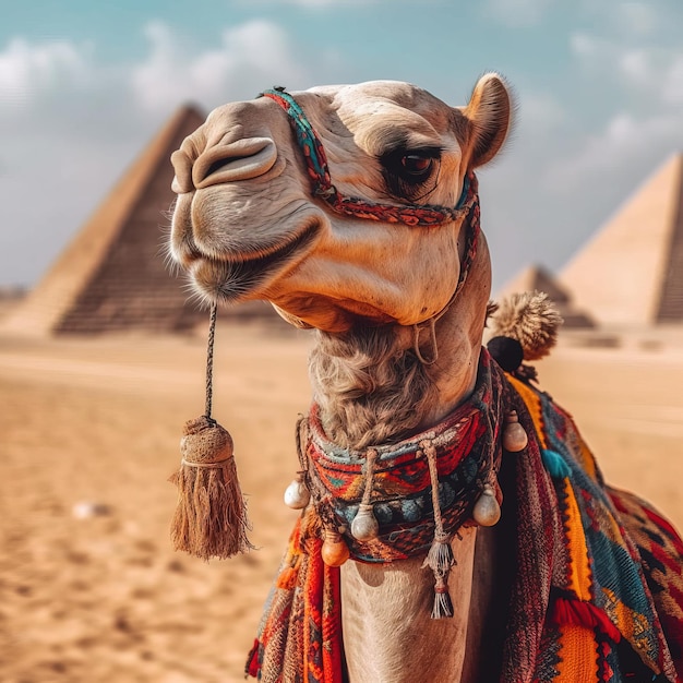 A camel with a camel head and a camel in the background