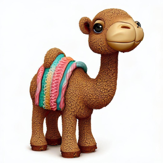 a camel with a colorful saddle on its back