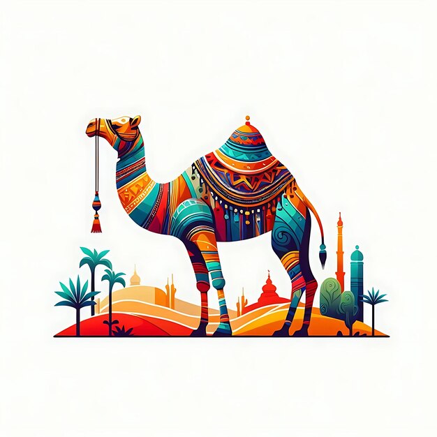 Photo a camel with a desert landscape and palm trees