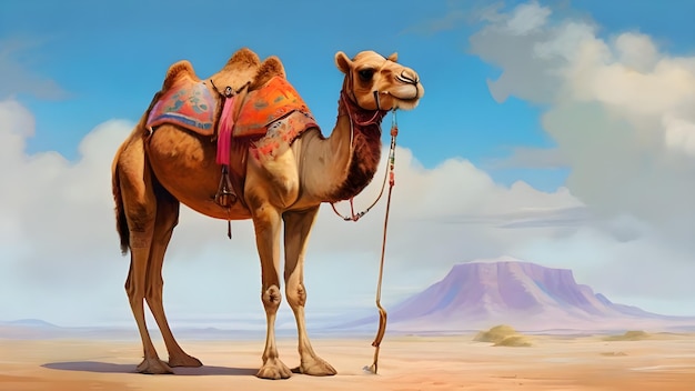 a camel with a red blanket on its back is standing in the desert