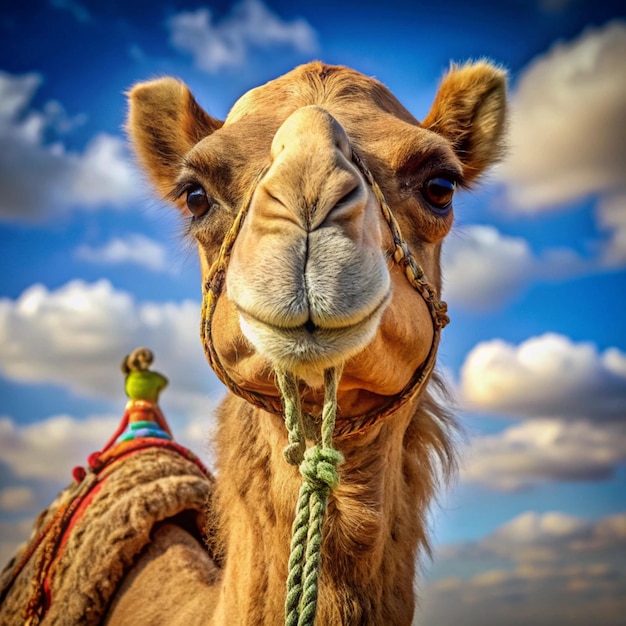 a camel with a rope tied to its neck