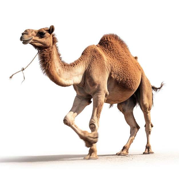 A camel with a stick in its mouth is walking.