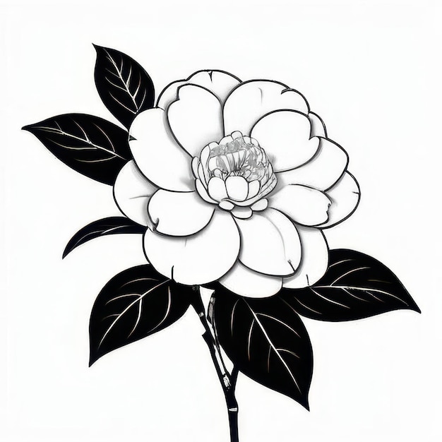 Photo camellia flower outline black and white cute coloring book