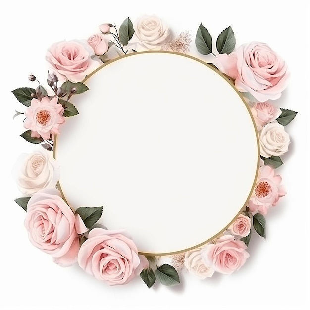 camellia and rose flowers decor round frame card on white background