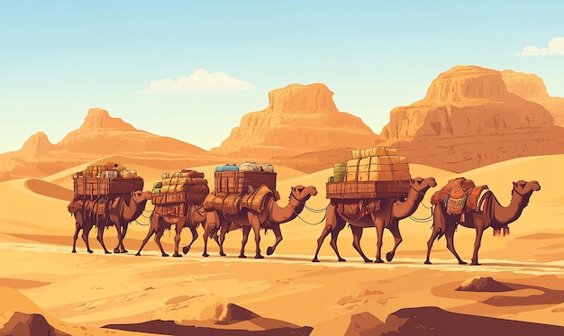 camels are carrying boxes in the desert