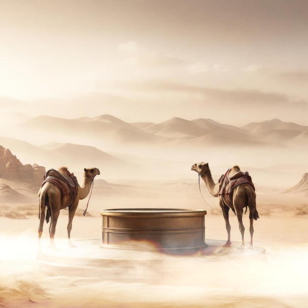 camels are standing in the desert with mountains in the background