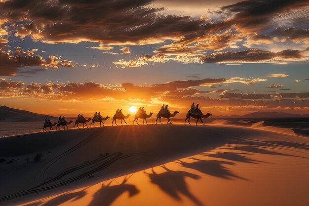 Photo camels are walking in the desert at sunset