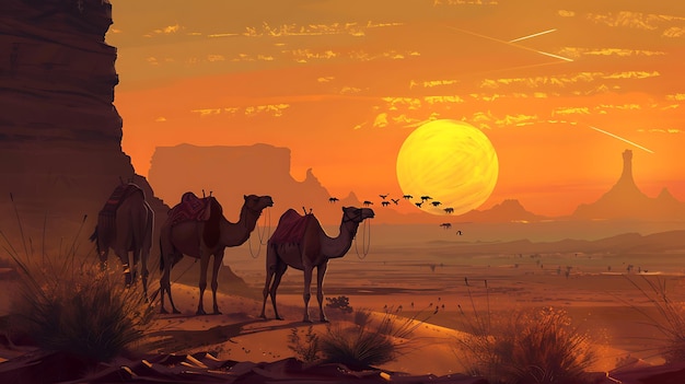 camels are walking in a desert with mountains in the background