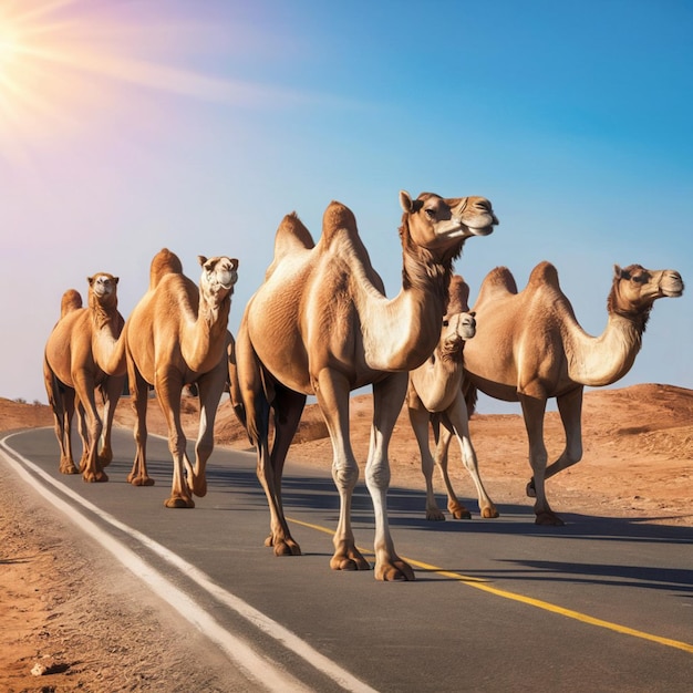 camels are walking down a road with the sun shining on them