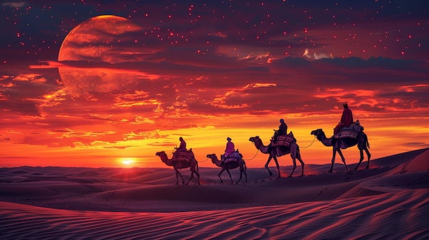 Camels Caravan in Desert at Sunset