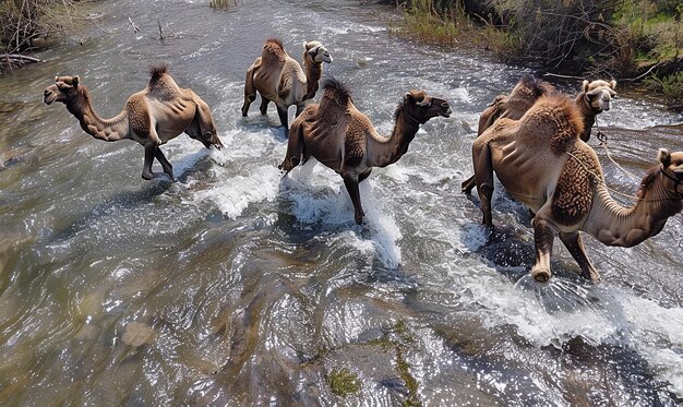 camels crossing a river with water splashing in the background