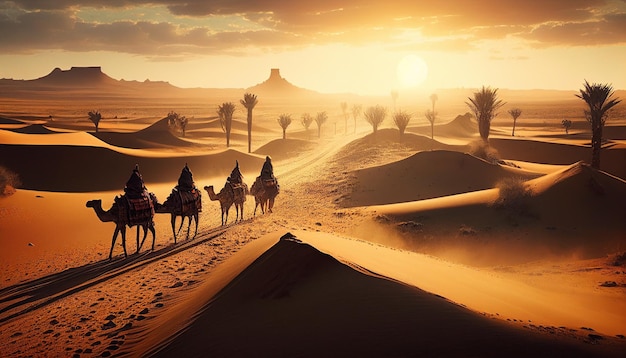 Camels in the desert with a sunset in the background