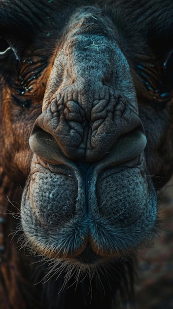 A camels face captured in a closeup shot displaying a look of surprise