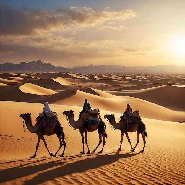 camels and people traveling in the desert