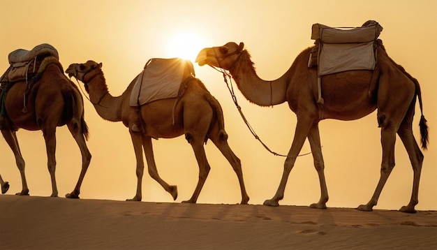 camels with a camel and sun in the background