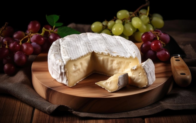 camembert brie cheese on a wooden cutting board with decorative elements craft cheese ai generated