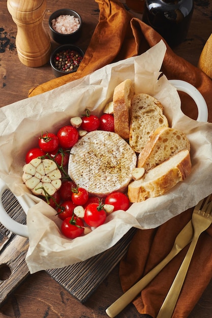 Camembert cheese baked with cherry tomatoes and baguette