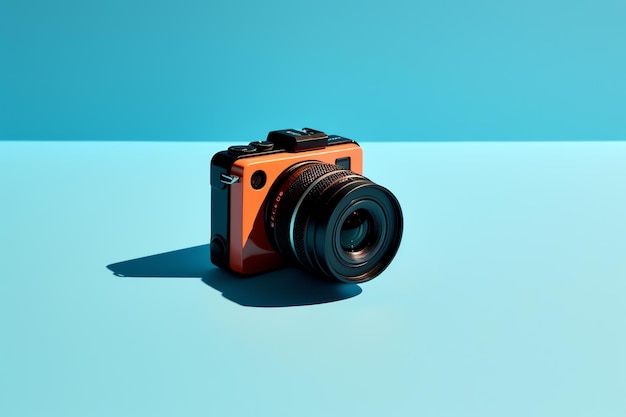 A camera on a blue background is on a blue surface.