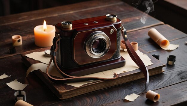 Photo a camera on a book with a candle in the background