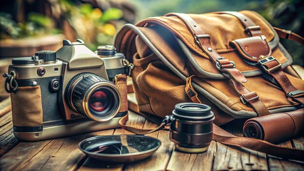 a camera and camera on a table with a lense on it