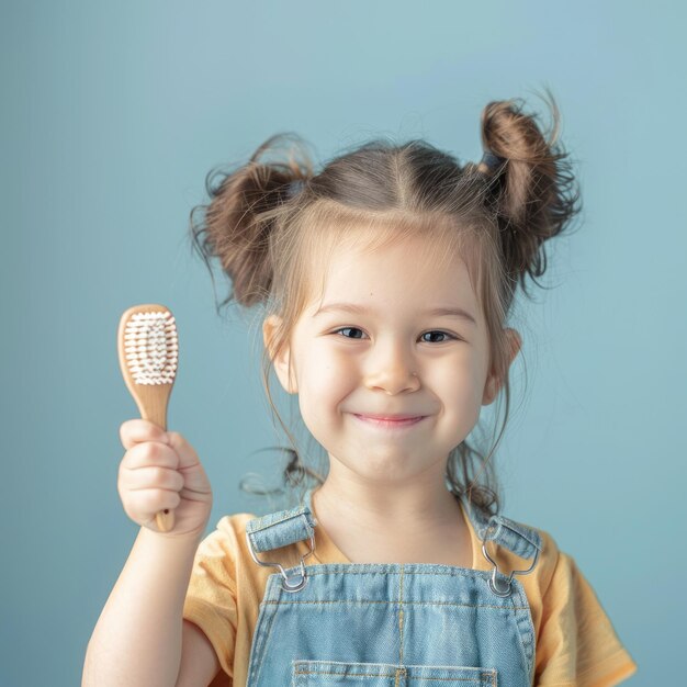 The camera captures a charming and youthful girl smiling holding a comb exuding innocence aig