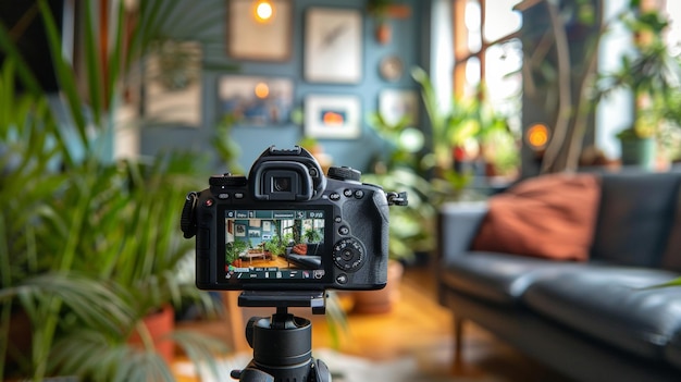 A camera captures a plush interior scene on its LCD in a cozy home setting