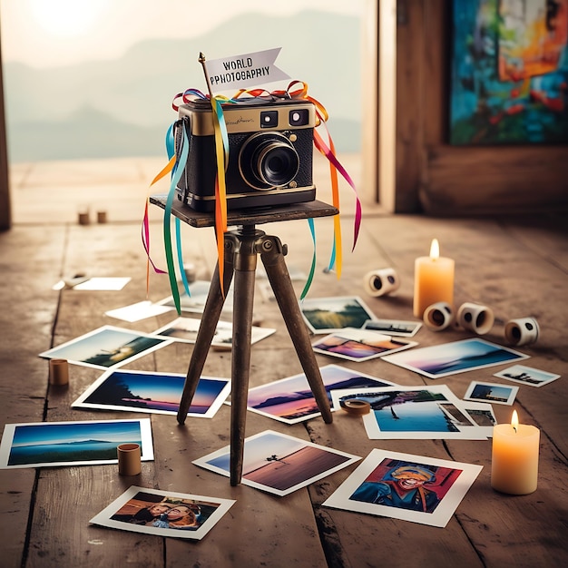 Camera device for world photography day with a picture of a camera celebration