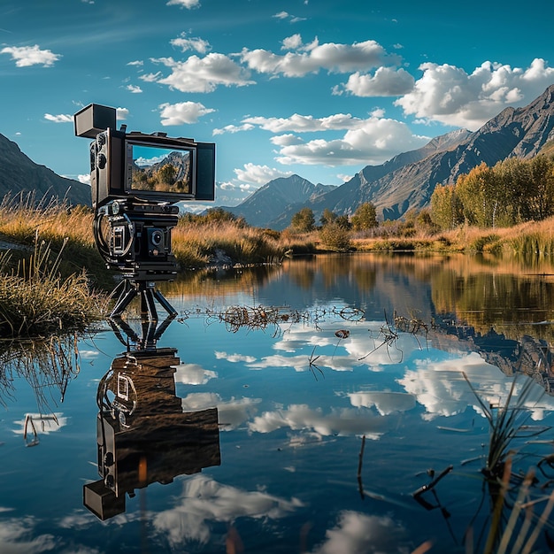 Photo a camera on a dock with a camera on it