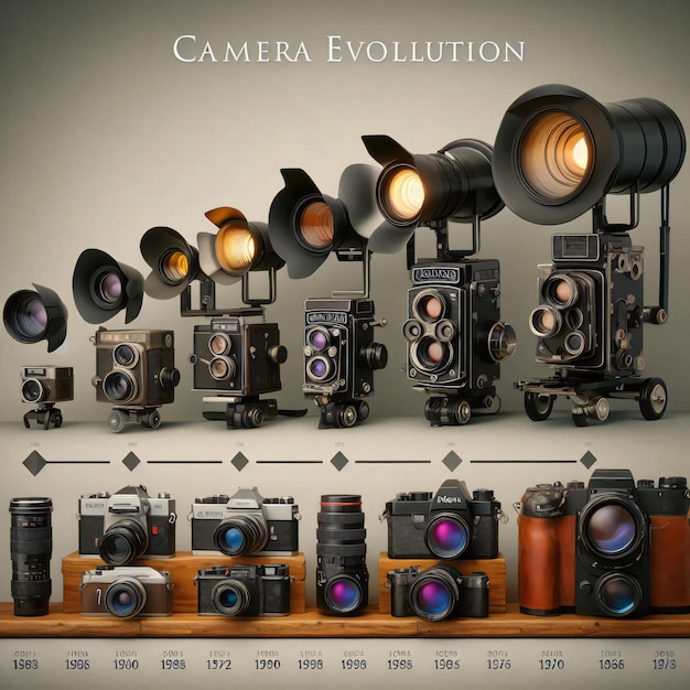 Photo camera evolution timeline vintage to modern cameras displayed studio lighting for uniform illumina