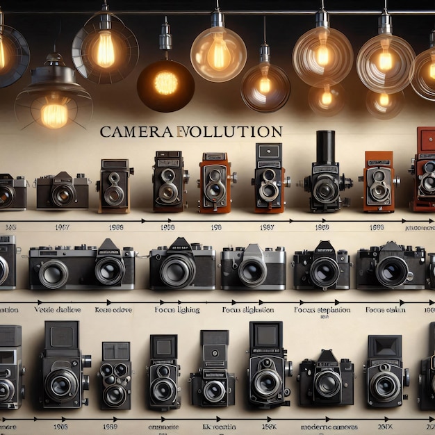 Photo camera evolution timeline vintage to modern cameras displayed studio lighting for uniform illumina