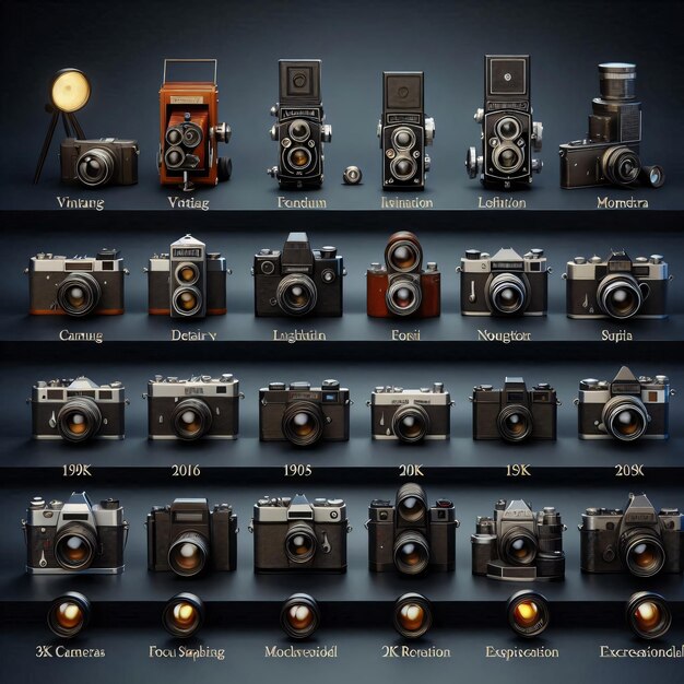 Photo camera evolution timeline vintage to modern cameras displayed studio lighting for uniform illumina