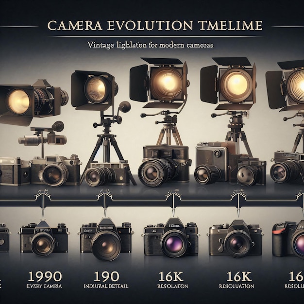 Photo camera evolution timeline vintage to modern cameras displayed studio lighting for uniform illumina