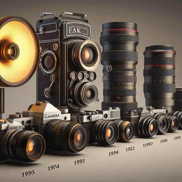 Photo camera evolution timeline vintage to modern cameras displayed studio lighting for uniform illumina