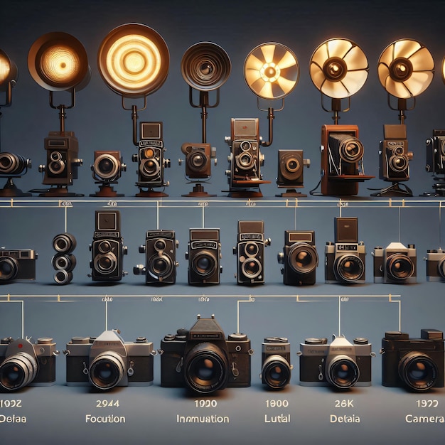 Photo camera evolution timeline vintage to modern cameras displayed studio lighting for uniform illumina