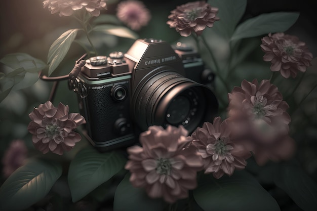 A camera in a field of flowers with the word nikon on it