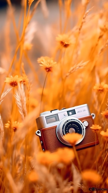 A camera in a field of flowers