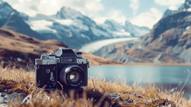 Photo camera in the field with lake and mountains