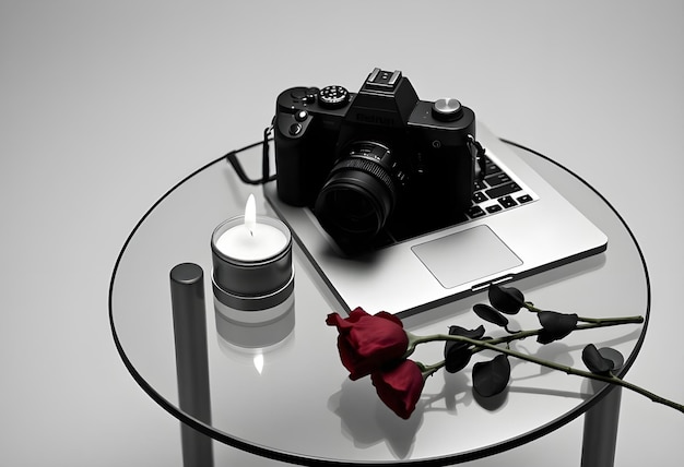 Photo a camera on a glass table with a rose in the middle