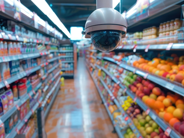 a camera hangs from a ceiling in a grocery store