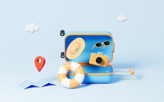 Camera and hat in the opening luggage Swim ring and map in the blue background 3d rendering