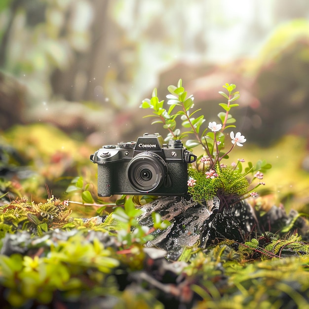 Photo a camera is being held up by a tree trunk