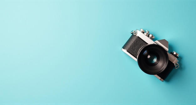 a camera is on a blue surface with a black strap