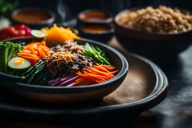 The camera is focusing closely on Bibimbap which is a wellliked Korean dish The area in the back looks blurry or hard to make out AI Generated