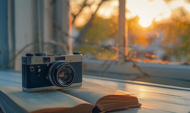 a camera is laying on a book with the sun shining through the trees