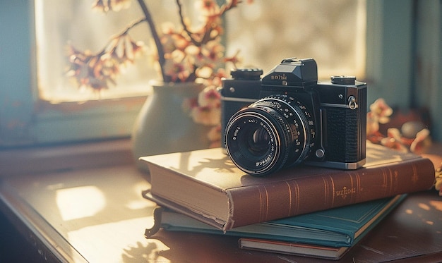 a camera is laying on a book with the sun shining through the trees