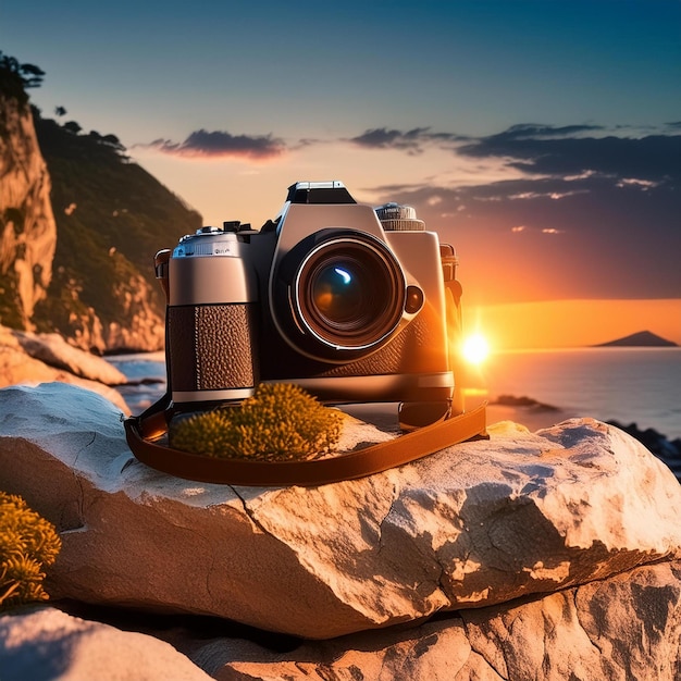 a camera is laying on a rock with the sun setting behind it